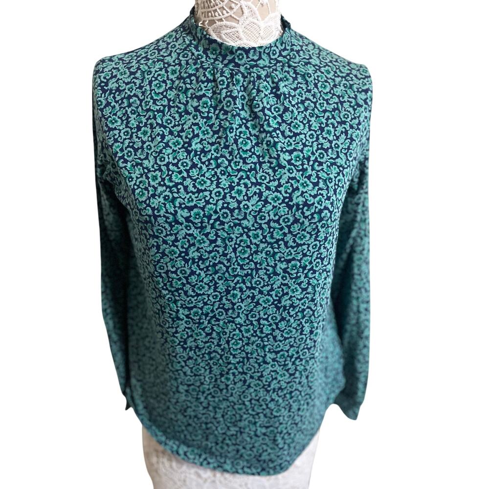 Lands End Green and Blue Long Sleeve Mock Neck Top- Womens Size Large-EUC